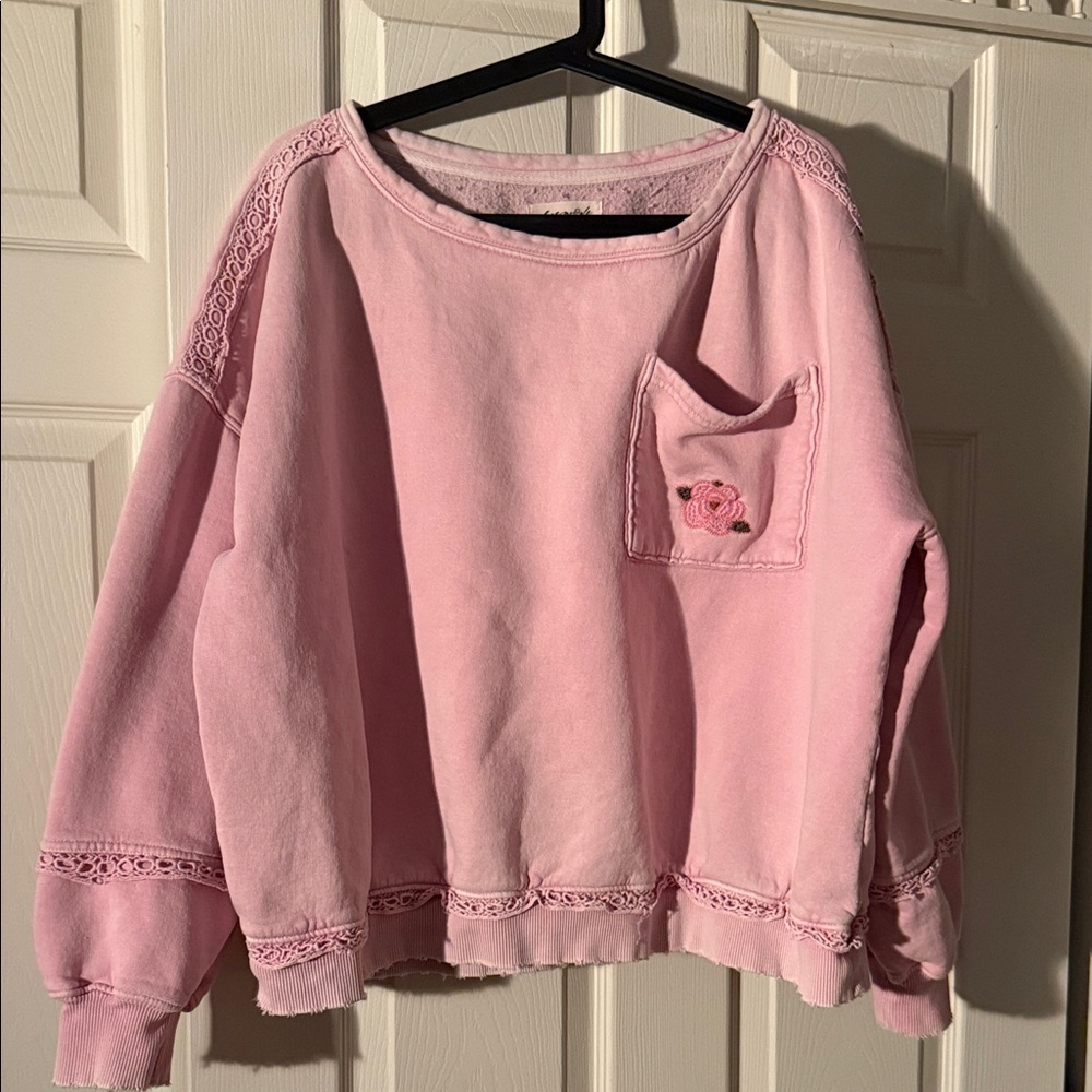 Free People Pink Crew Neck Sweater with Pocket
